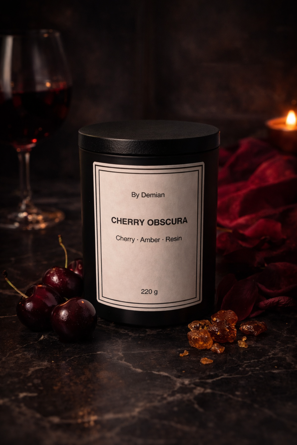 Dark, addictive and rich. Cherry wrapped in amber and resin for a deep, lingering
presence.