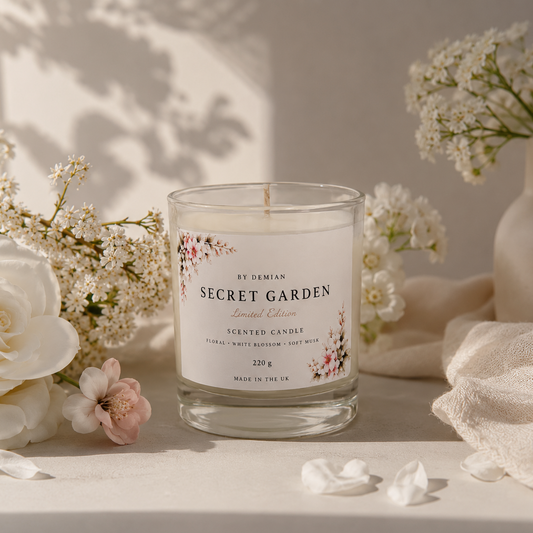 A clear glass scented candle jar labeled 'BY DEMIAN SECRET GARDEN Limited Edition' sits on a light surface surrounded by white and pale pink flowers, with soft natural shadows and a neutral beige background.